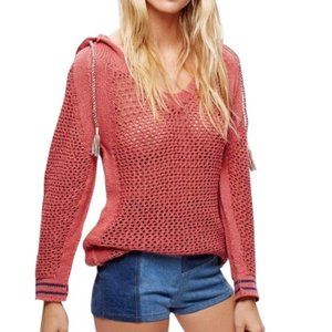 Free People Shadow Stripe Mesh Crochet Sheer Pink Hoodie Sz XS